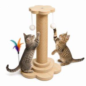 Rascador de Poste para Gatos con Plumas y Pelotas | Juguete Interactivo